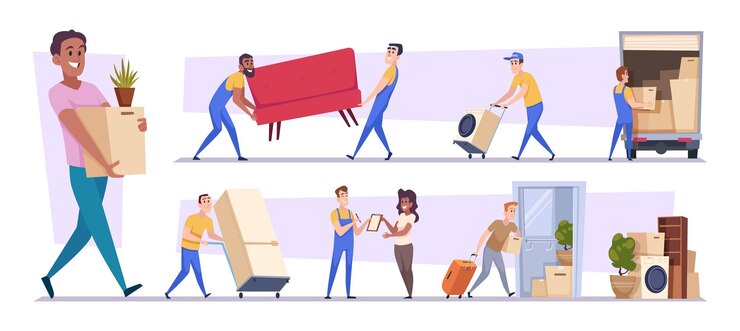 Vecteur déplacements de maisons, livraisons et chargements, travailleurs, relocalisation de la famille et déménagement de modèles de dessins animés vectoriels exacts