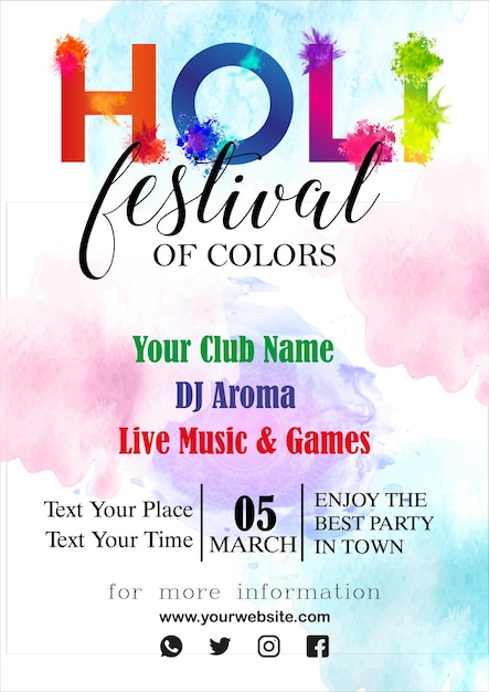 Dépliant Et Affiche Du Festival Holi Arrière-plan Aquarelle Du Modèle.