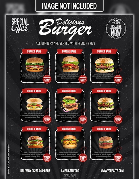 Dépliant Et Affiche De Menu Complet De Délicieux Burger Pour Le Modèle De Publication Sur Les Réseaux Sociaux