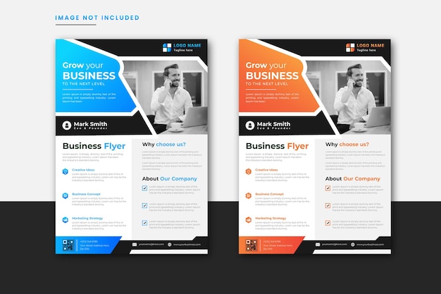 Dépliant d'entreprise abstrait prêt à imprimer couleurs bleu et orange Modèle vectoriel