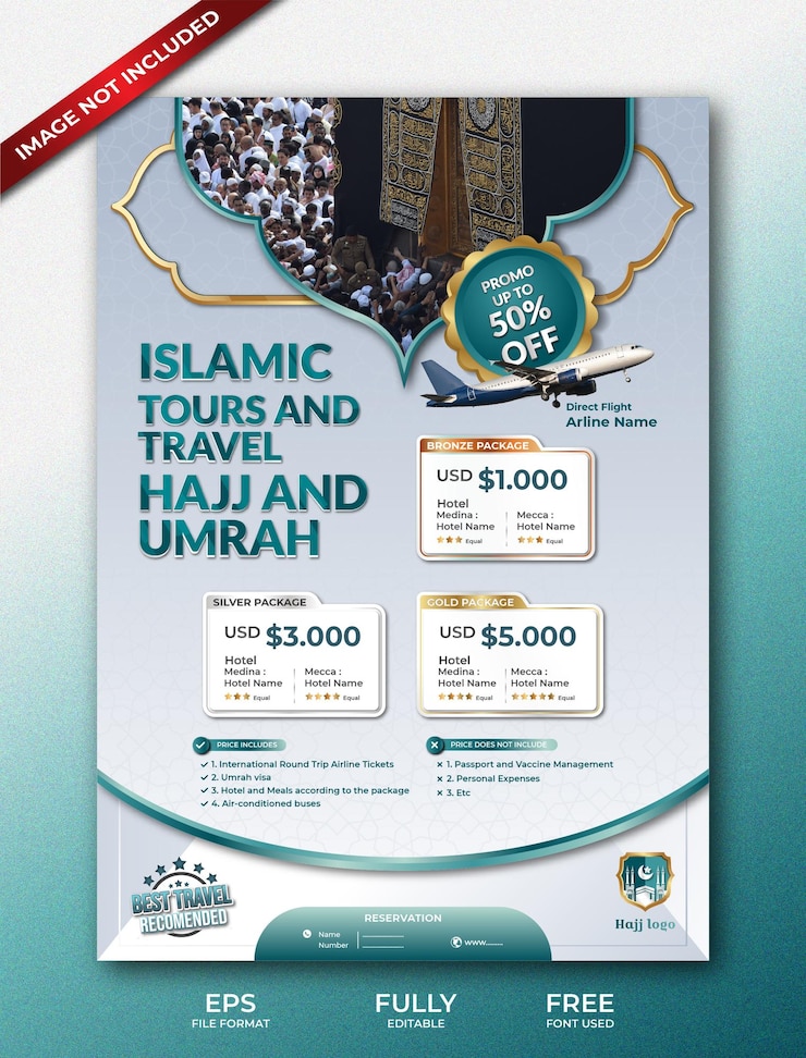 Vecteur dépliant islamique pour le hajj et la omra avec des nuances turquoise minimalistes