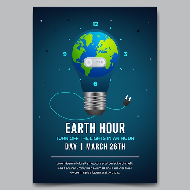 Vecteur dépliant de la journée de l'heure de la terre du 26 mars avec ampoule et illustration du globe temporel