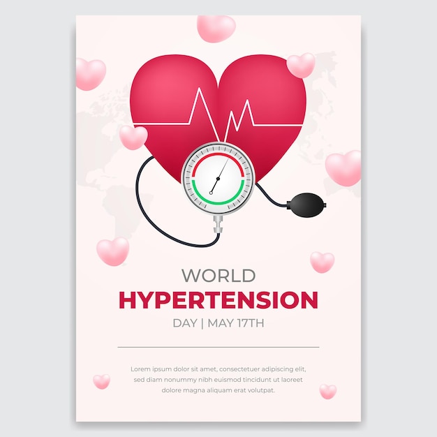 Vecteur dépliant de la journée mondiale de l'hypertension du 17 mai avec illustration de la fréquence cardiaque et du tensiomètre