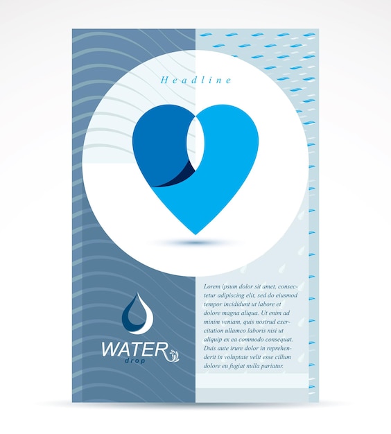 Dépliant publicitaire de la société de traitement de l'eau. Illustration abstraite de vecteur d'eau pure, forme de coeur.