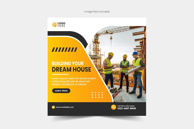 Vecteur dépliant de réparation de maison de bricoleur de rénovation de construction et bannière de publication de médias sociaux de maison de rêve