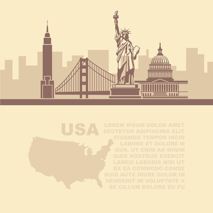 Vecteur dépliants de modèle avec une carte et des monuments architecturaux des états-unis et place pour le texte