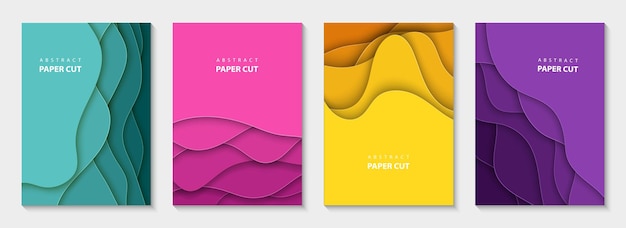 Dépliants vectoriels verticaux avec des vagues de papier découpées colorées formes mise en page de conception de style papier abstrait 3D