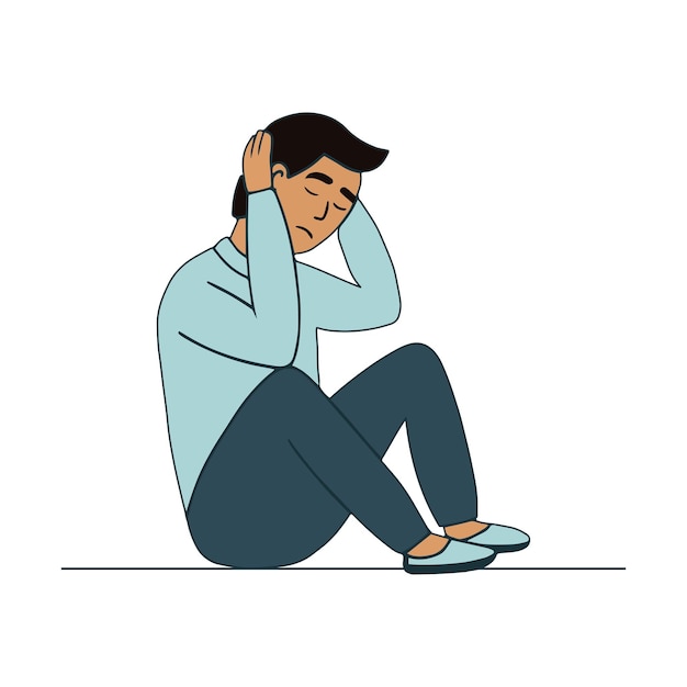 Dépression Triste malheureux jeune homme assis sous un nuage de pluie Illustration vectorielle plane