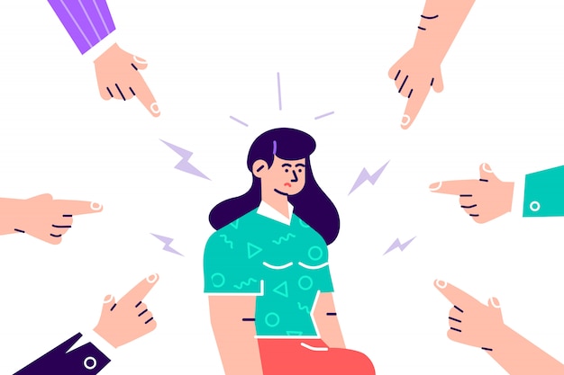 Désapprobation sociale. Triste ou déprimée jeune femme entourée de mains avec des index pointant vers elle. Édredon, accusation, censure publique et blâme de la victime. Illustration de dessin animé plat