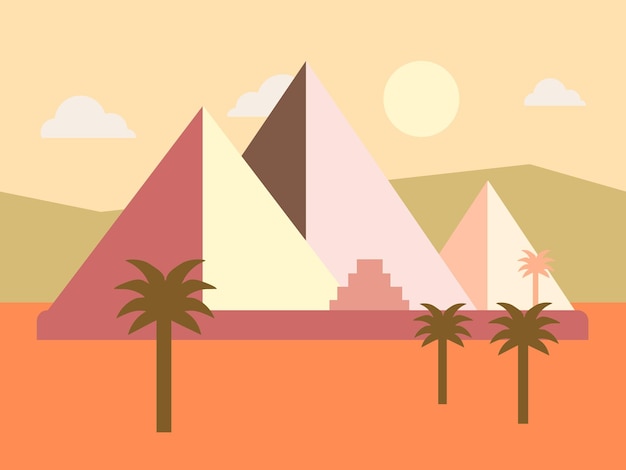 désert, egypte, pyramides, coucher soleil, plat, vecteur, illustration