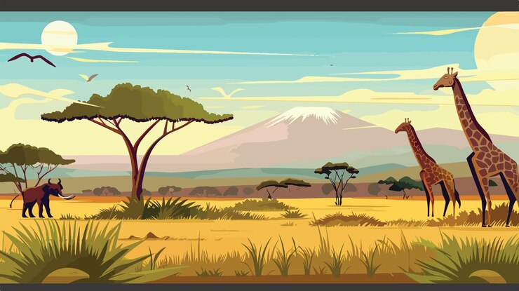 Vecteur design d'affiche vectorielle de dessins animés de safari en afrique vibrante