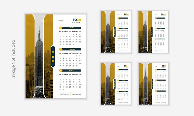 Vecteur design de calendrier mural de variation de couleur jaune moderne pour 2024 ou modèle de calendrier 2024 modifiable