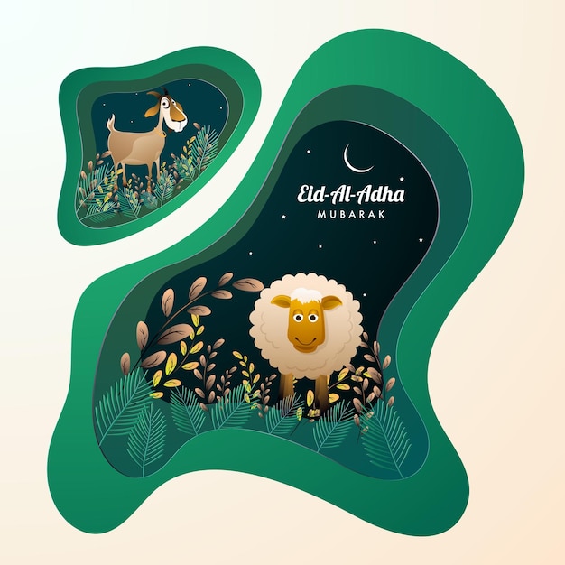 Vecteur design de carte de vœux eid al adha mubarak avec une illustration d'art sur papier de chèvre et de mouton de dessin animé sur un champ de feuilles la nuit