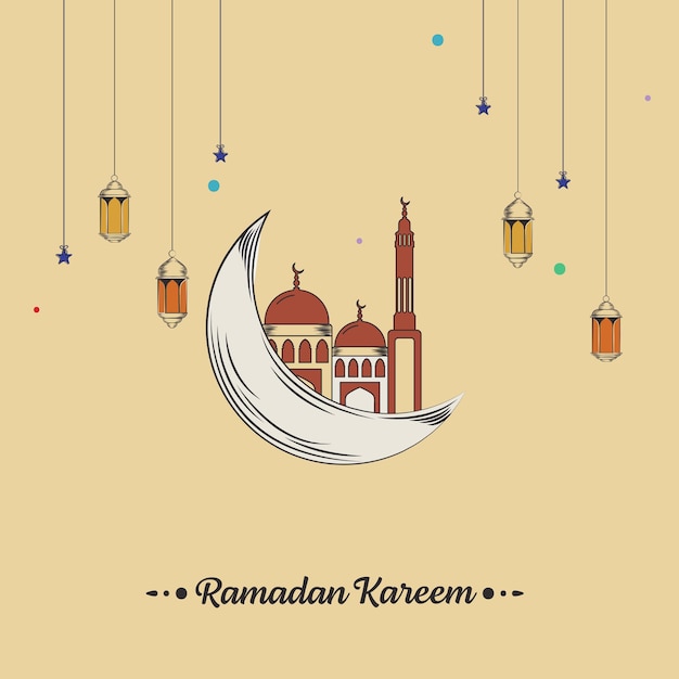 Design de carte de vœux islamique de la fête du Ramadan Kareem avec une mosquée de style Doodle sur le croissant de lune et des étoiles et des lanternes décoratives au fond jaune pastel