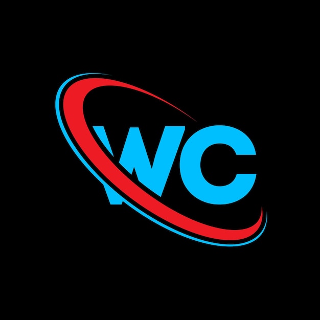 Vecteur design du logo de la lettre wc la lettre initiale wc, le cercle lié, le logo en majuscules, le monogramme rouge et bleu, le logo wc