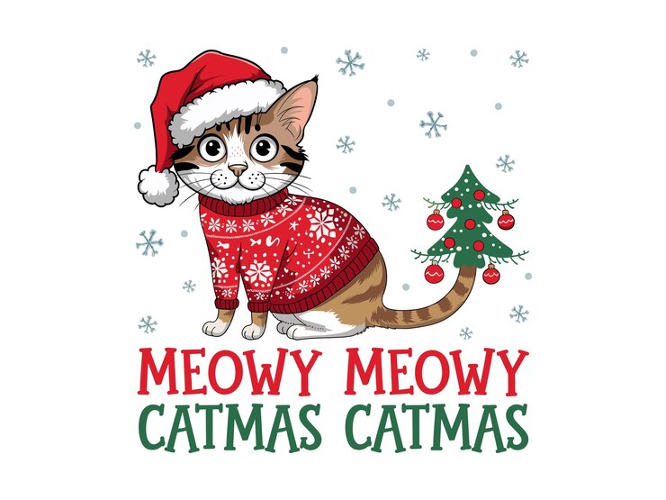 Vecteur le design du t-shirt de noël du chat de noël est blanc.