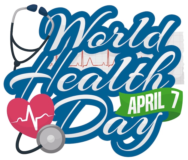 Design avec des éléments pour la célébration de la Journée mondiale de la santé le 7 avril petit foyer battement de cœur et ruban