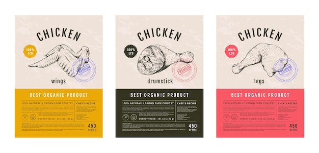 Design d'étiquette alimentaire Étiquette ou autocollant rétro de poulet pour produits de volaille Banner de viande pour le marché Emballage de ferme de boucherie artisanale Éléments de croquis dessinés à la main Modèle vectoriel
