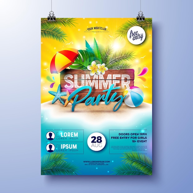Design de flyer de fête d'été à la plage avec fleur et balle de plage sur une île tropicale sur un panneau de bois vintage