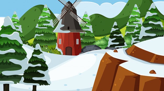 Design De Fond De Paysage Avec Moulin à Vent Dans Le Champ De Neige