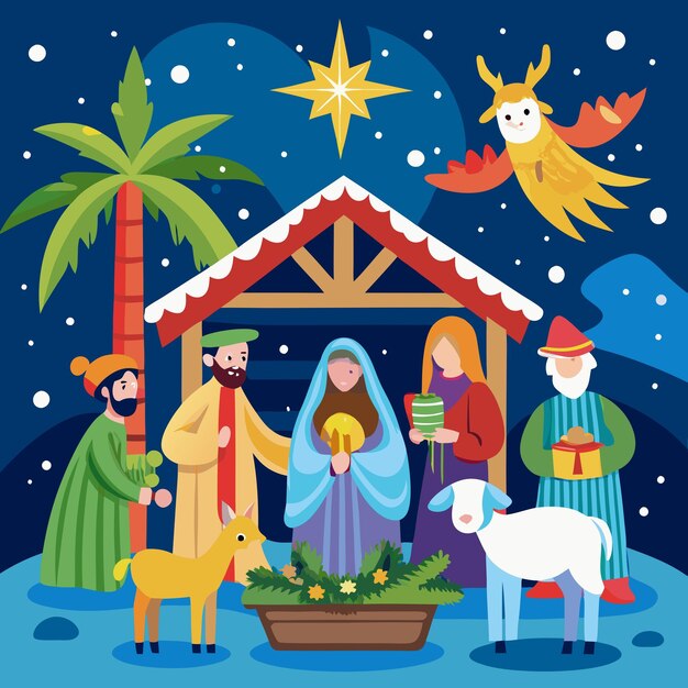 Design d'illustration vectorielle en couleurs de la scène de la Nativité de Noël