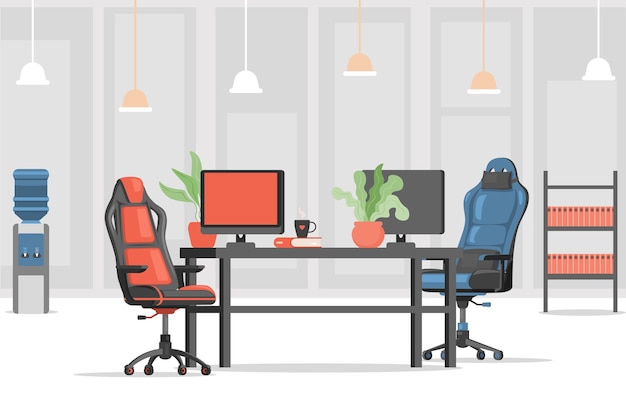 Design d'intérieur de bureau avec fauteuils rouges et bleus