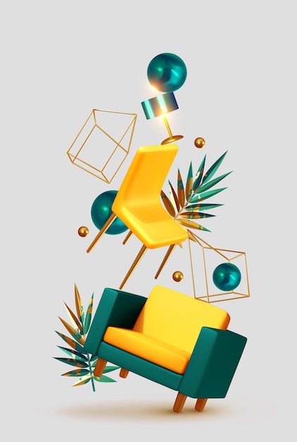 Design D'intérieur De Maison. Composition Conceptuelle Créative Avec Des Objets 3d. Lévitation Des Meubles, Concept De Déménagement, Idée De Réparation D'un Appartement. Bannière Ou Affiche Tendance. Illustration Vectorielle