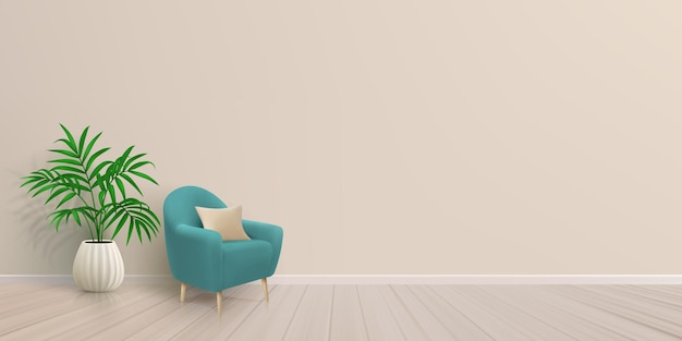 Design d'intérieur de la maison de salon minimaliste fauteuil teal avec oreiller sur chêne plancher en bois dur avec plante d'intérieur et mur blanc vide pour l'espace de copie décoration d'hôtel confortable illustration vectorielle