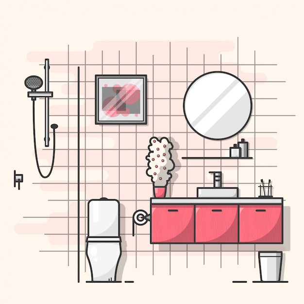 Vecteur design d'intérieur de salle de bain rouge