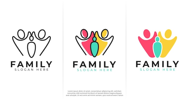 Vecteur design de logo familial avec trois styles pour les soins familiaux et la communauté
