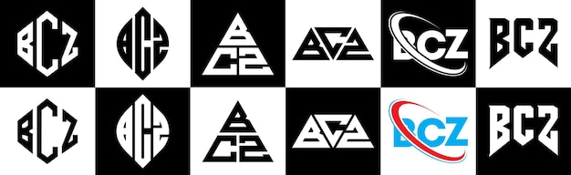 Vecteur design de logo de lettre bcz en six styles bcz polygone cercle triangle hexagone plat et style simple avec variation de couleur noir et blanc logo de lettre mis en un tableau d'art bcz logo minimaliste et classique