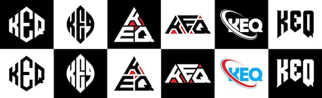 Design de logo de lettre KEQ en six styles KEQ polygone cercle triangle hexagone plat et simple style avec variation de couleur noir et blanc logo de lettre mis en un tableau d'art KEQ logo minimaliste et classique