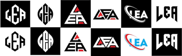 Design de logo de lettre LEA en six styles LEA polygone cercle triangle hexagone plat et style simple avec variation de couleur noir et blanc logo de lettre mis en un tableau d'art LEA logo minimaliste et classique