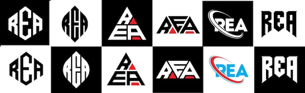 Design de logo de lettre REA en six styles REA polygon cercle triangle hexagone plat et simple style avec variation de couleur noir et blanc logo de lettre réglé dans un tableau d'art REA logo minimaliste et classique