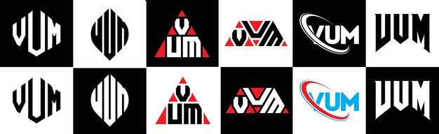 Design de logo de lettre VUM en six styles VUM polygone cercle triangle hexagone plat et style simple avec variation de couleur noir et blanc logo de lettre mis en un tableau d'art VUM logo minimaliste et classique