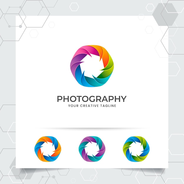 Design de logo de photographie de caméra avec une icône d'objectif de caméra colorée et un vecteur photo pour le photographe