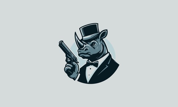 Design De Mascotte Vectorielle De Rhinocéros Portant Un Chapeau Haut Et Un Pistolet