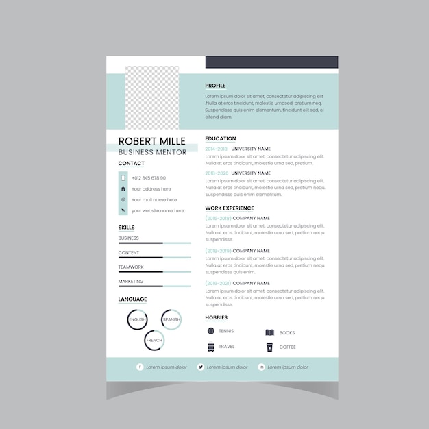 Design de modèle de CV professionnel pour une personne créative vectoriel minimaliste noir et blanc