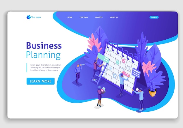 Design de modèle de site Web. Travail des hommes d'affaires de concept isométrique, planification pour un site Web. Facile à modifier et à personnaliser.