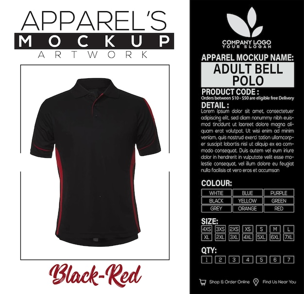 Vecteur design d'œuvres d'art de maquette de vêtements noirs rouges pour adultes bell polo
