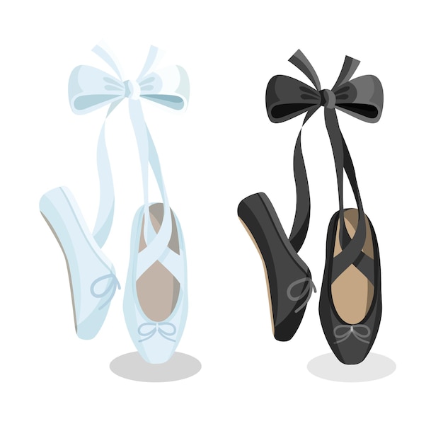 Vecteur design plat de chaussures de ballet femme pointes noir et blanc sur fond blanc. illustration de chaussures de ballet de gym debout sur la bannière web de la pointe des pieds.