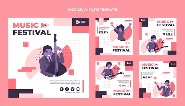 Vecteur design plat du post instagram du festival de musique