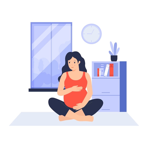 Vecteur design plat de femme enceinte pratiquant le yoga à la maison