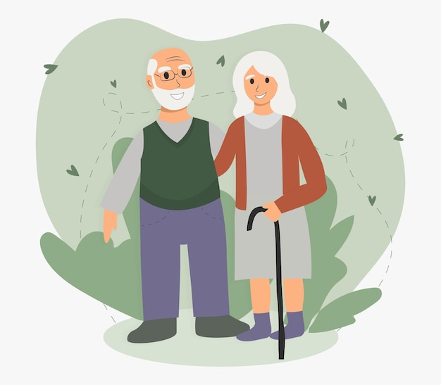 Design plat grand-père et grand-mère Illustration d'un couple de personnes âgées Grand-mère avec canne étreint grand-père