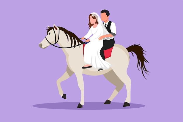 Vecteur design plat graphique dessin couple marié amoureux équitation avec robe de mariée homme faisant proposition mariage à belle femme engagement et relation amoureuse illustration vectorielle de style dessin animé