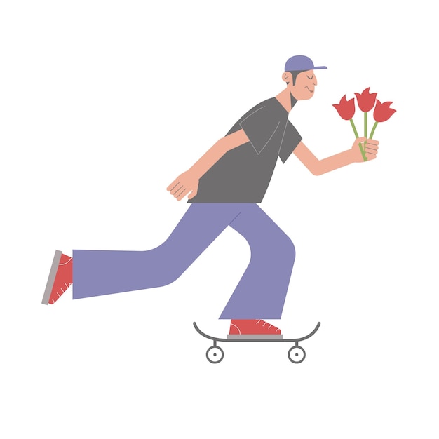 Design plat moderne de personnage masculin avec des fleurs sur une planche à roulettes