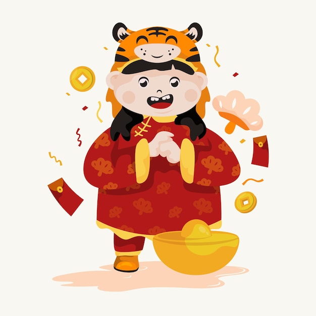 Design Plat Petit Personnage De Fille Chinoise Avec Un Joli Chapeau De Tigre