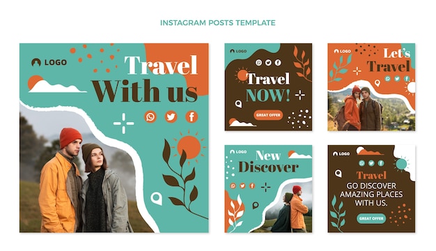 Vecteur design plat des publications instagram de voyage