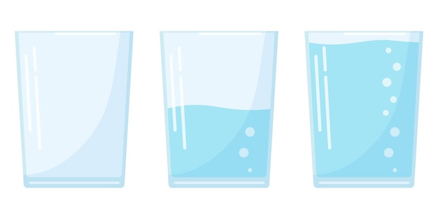 Design plat trois icônes de verre à eau en style cartoon isolé sur fond blanc, verre à soda plein, à moitié et vide.
