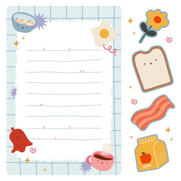 Design Plat Vecteur Mignon Coloré Nourriture Petit Déjeuner Notes Planificateur Journal élément Conception